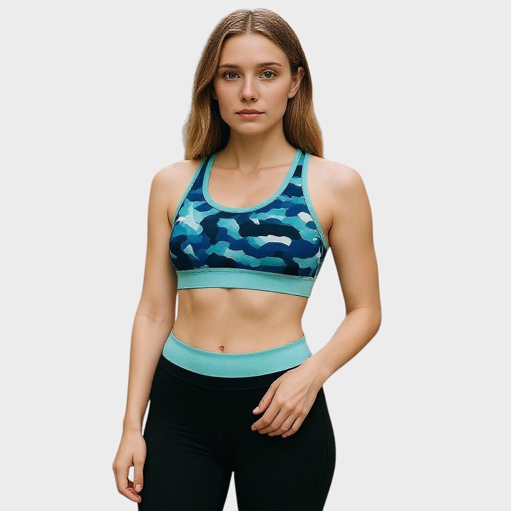 Fourlaps Infinity Sports Bra Blue Camo L Womens NWT High Impact Workout
